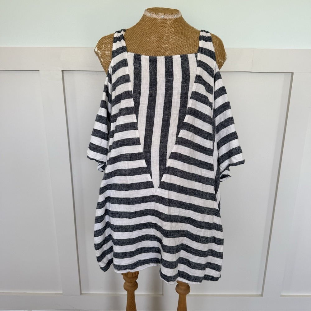 Soft Surroundings Top 2X  Blue Oversized Cold Shoulder Linen Tunic Beach Coastal